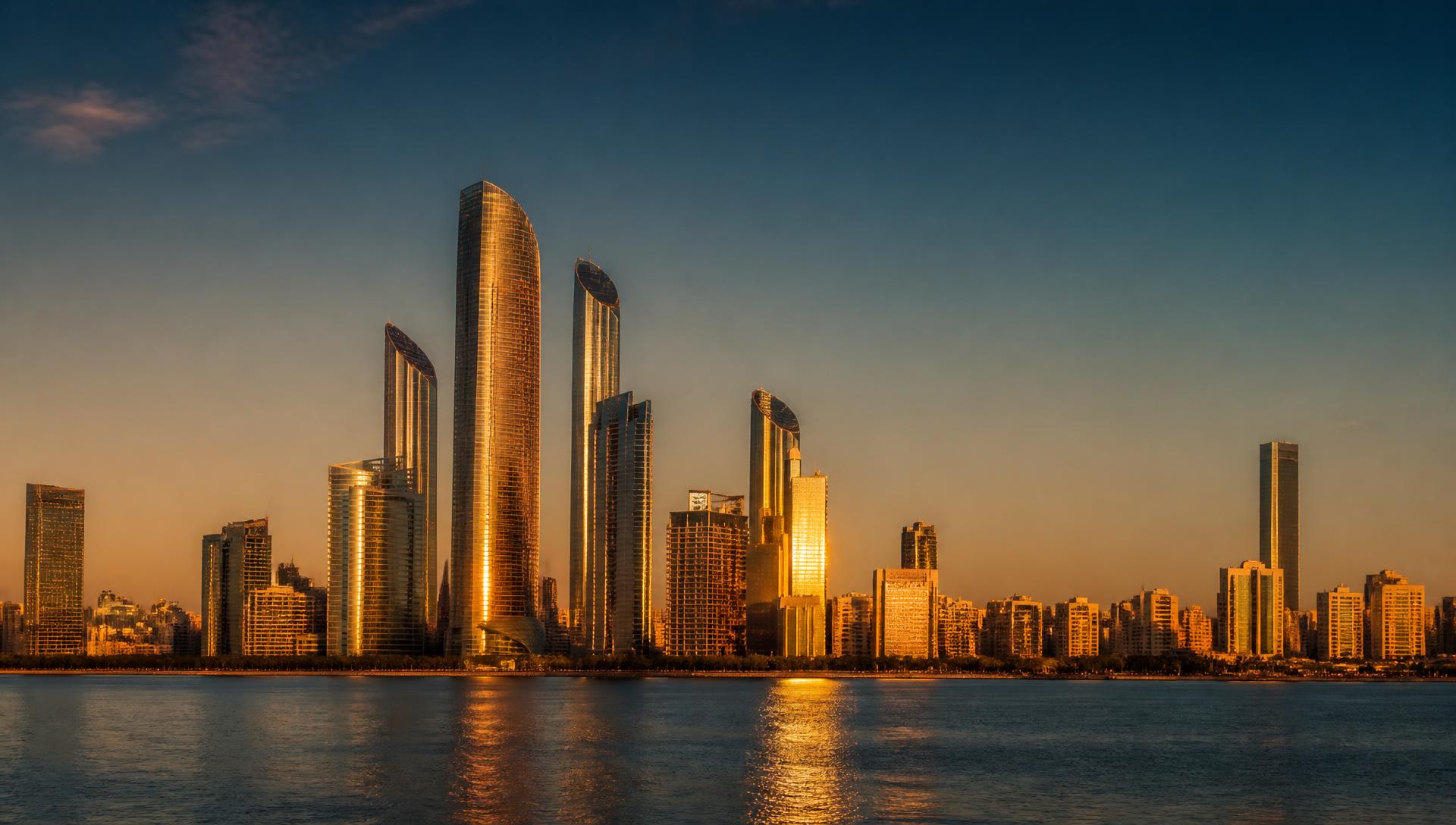 Skyline van Abu Dhabi aan het water tijdens het gouden uur