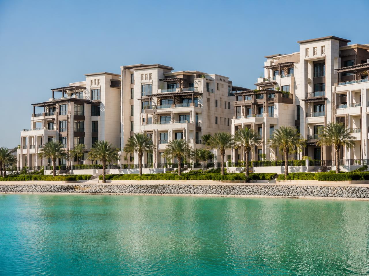 Waterfrontappartementen met palmbomen op Saadiyat Island in Abu Dhabi